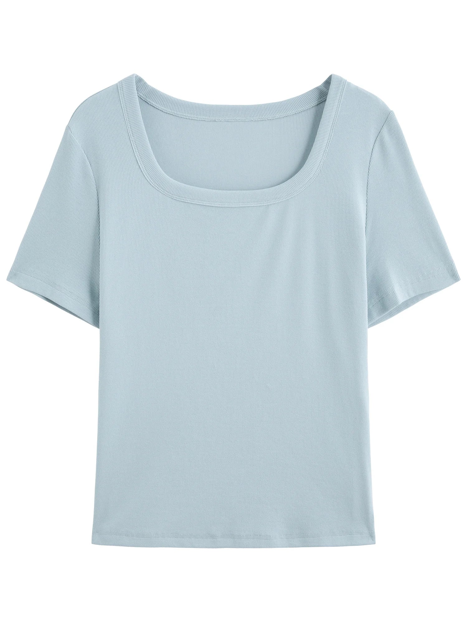 DUSHU Women High-Stretch Structured Shoulder V/U Neck Tee 2025 Summer Casual T-Shirt Elastic Cotton Y2K Fashion New Arrival