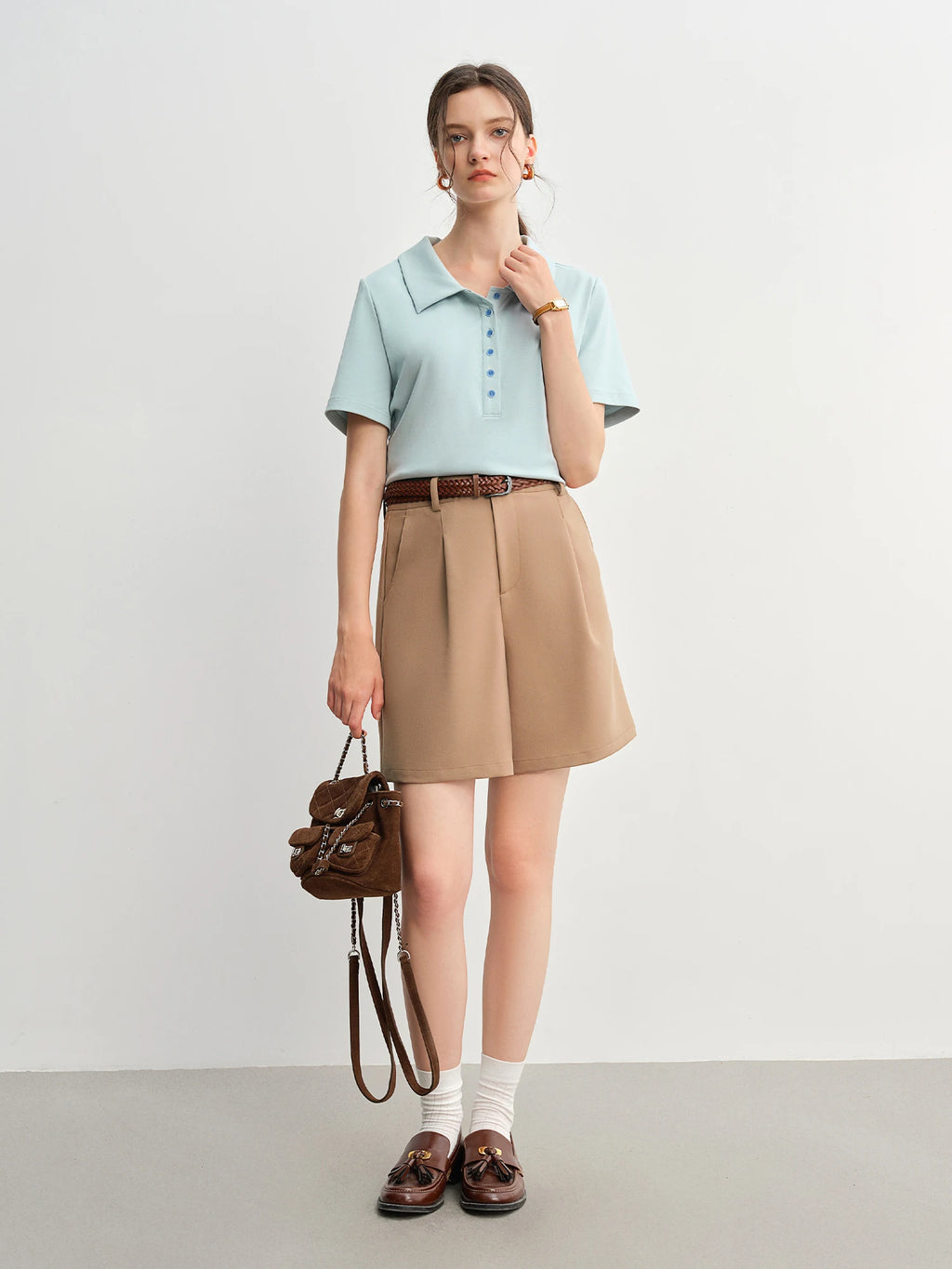 DUSHU Plus Size Women's Casual Simple Polo Collar T-shirt 2025 Summer New Style Slimming Fit for Plus-sized Girls 25DS82815