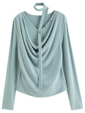 DUSHU Plus-Size Women Layered Art Long-Sleeve T-Shirt with Floating Ribbon neckline Mock Two-Piece Slimming Top for Curvy Women