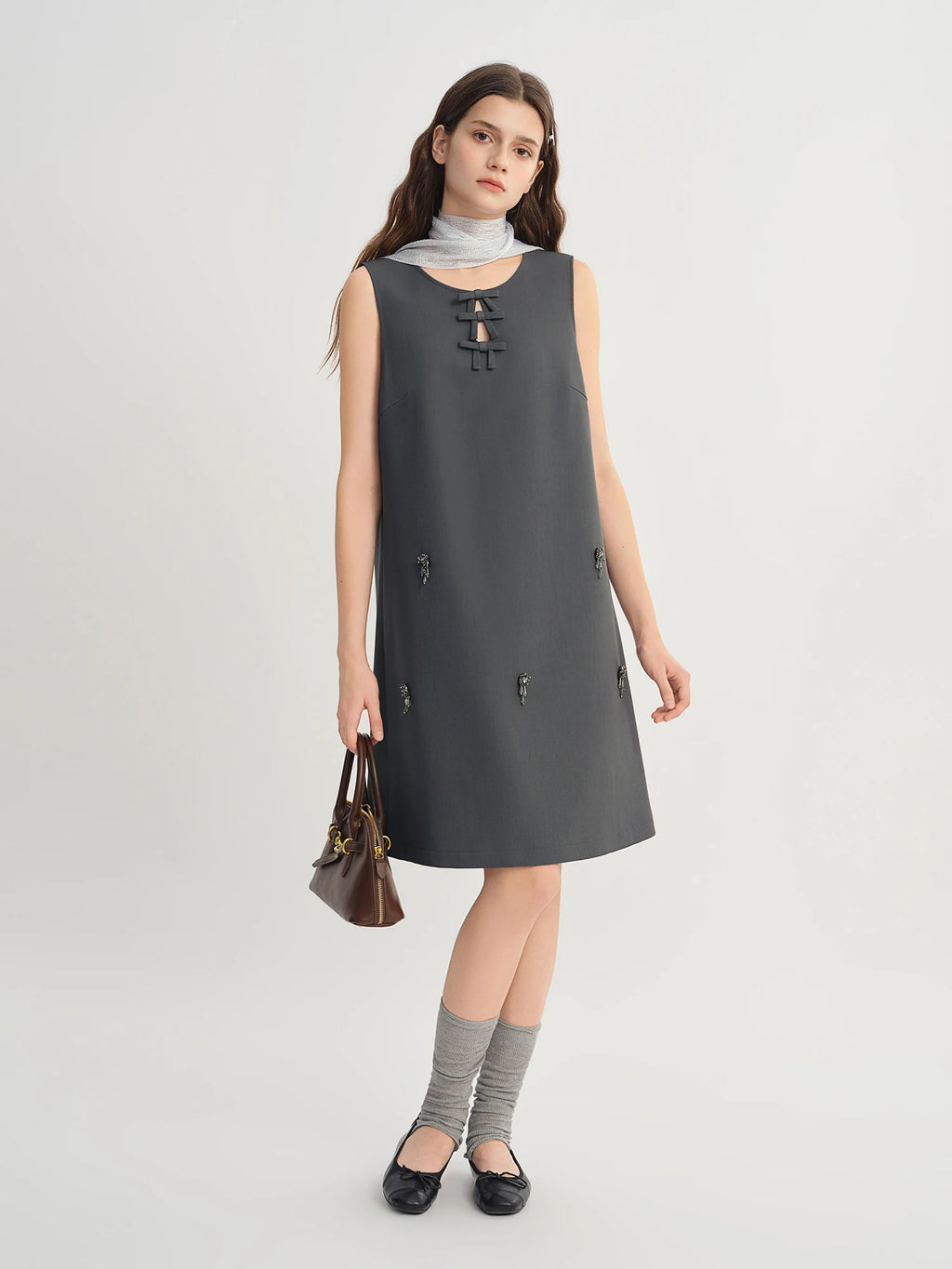 DUSHU Autumn 2025 Women's Embellished Beaded Tank Dress - Bow Accent Layering Staple Versatile Fall Piece Heavy Craft Detailing