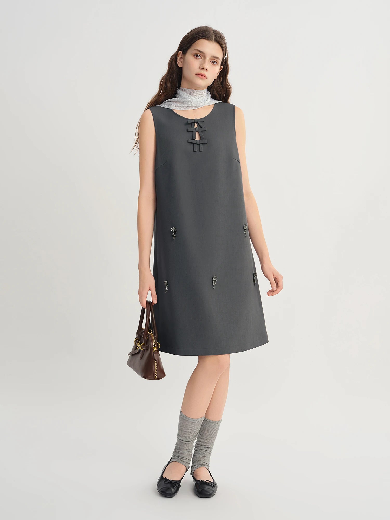 DUSHU Autumn 2025 Women's Embellished Beaded Tank Dress - Bow Accent Layering Staple Versatile Fall Piece Heavy Craft Detailing