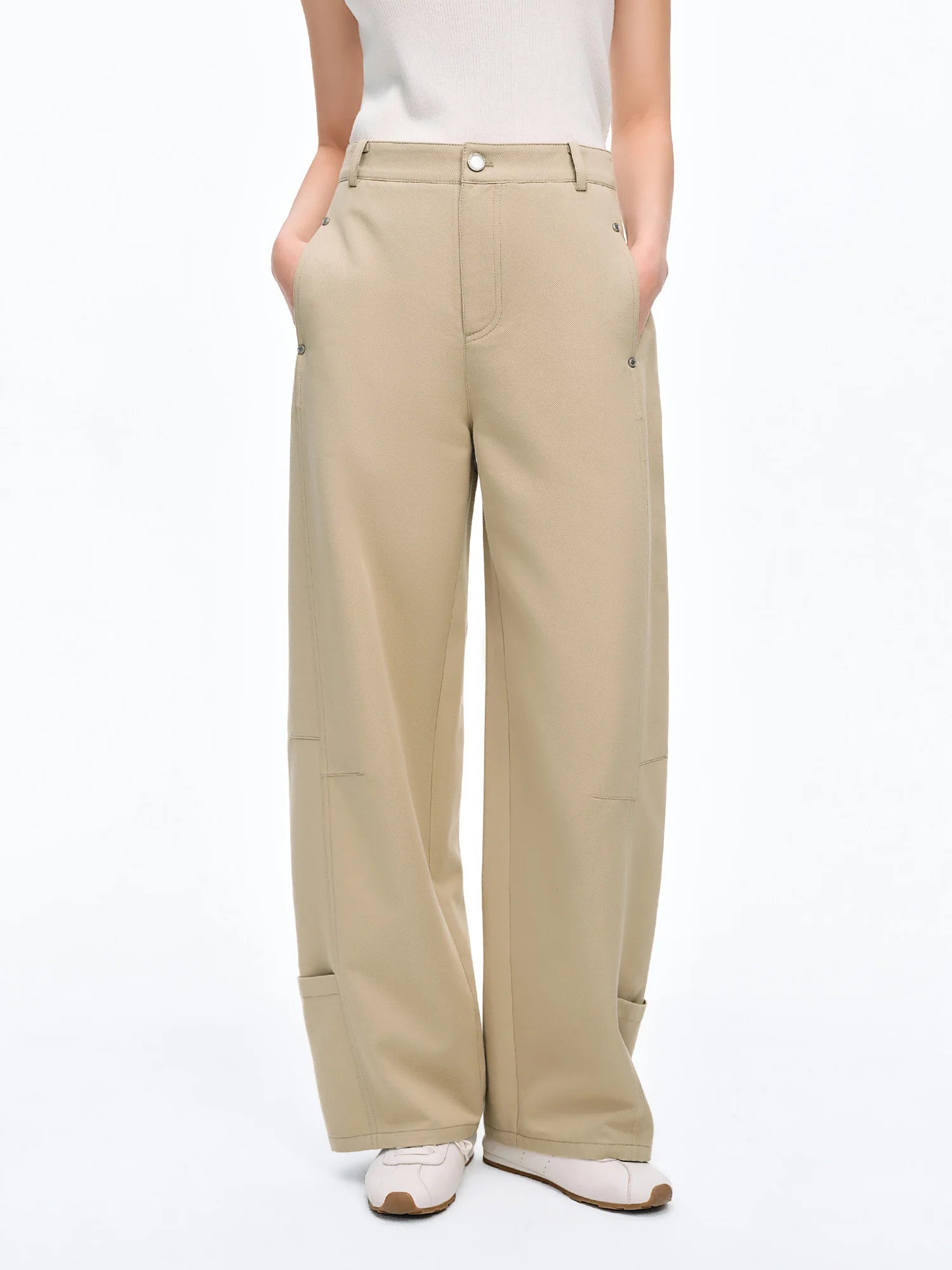 DUSHU Women's Workwear inspired Casual Pants High-waist Ripped Seam Metal Studs Straight-leg Long Pants 2026 Summer New Arrival