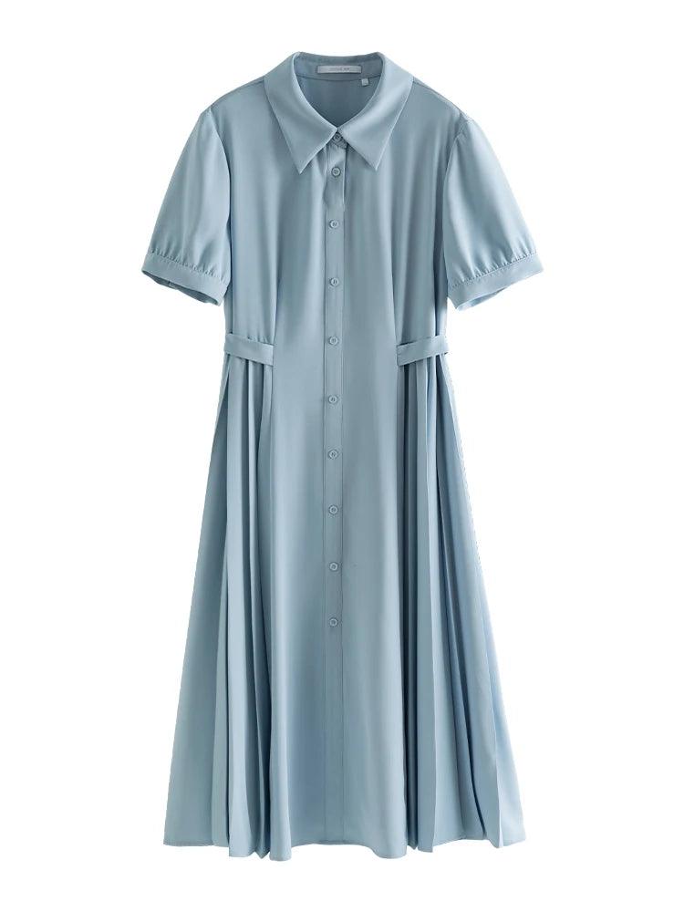 DUSHU Temperament Commuter Tie Waist Shirt Dress for Women Summer New Office Lady Necessary Solid Color Long Shirt Dress Female