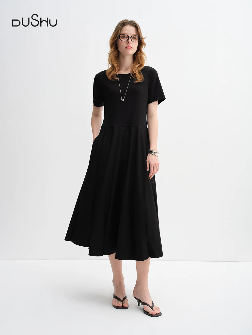 DUSHU Minimalist Style Needle Stitching Dress For Women 2025 Autumn New Arrival Style Sleeveless Short Sleeve Long Black Dress