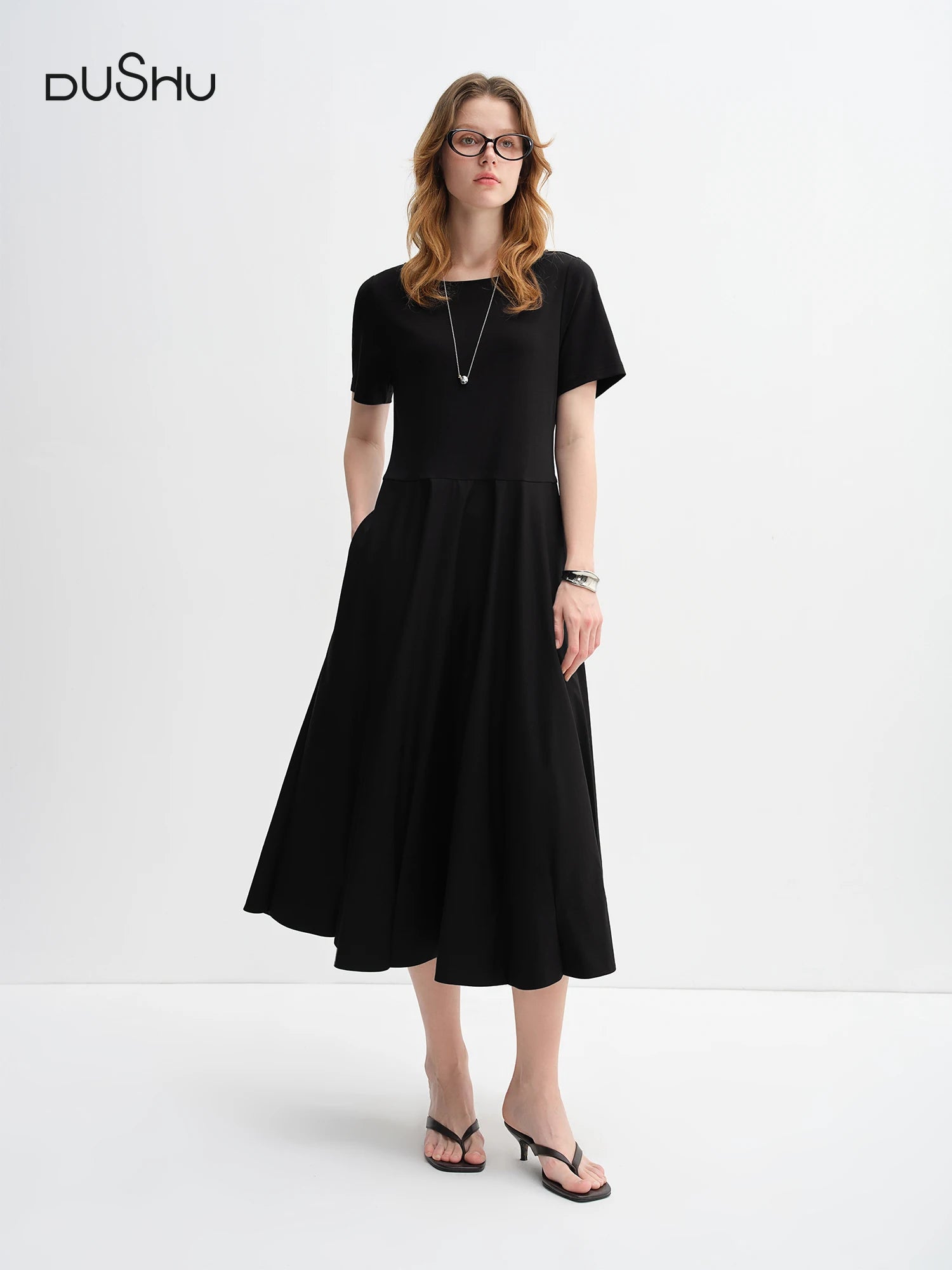 DUSHU Minimalist Style Needle Stitching Dress For Women 2025 Autumn New Arrival Style Sleeveless Short Sleeve Long Black Dress