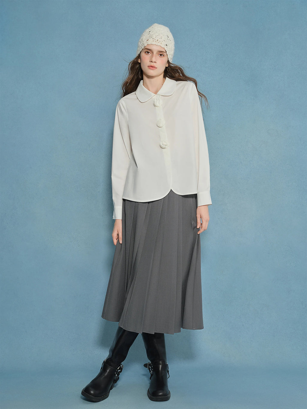 DUSHU Plus-Size Women's Petal-Design French-Inspired Fashion Shirt Autumn Versatile Commuter Top Blouses 25DS83303