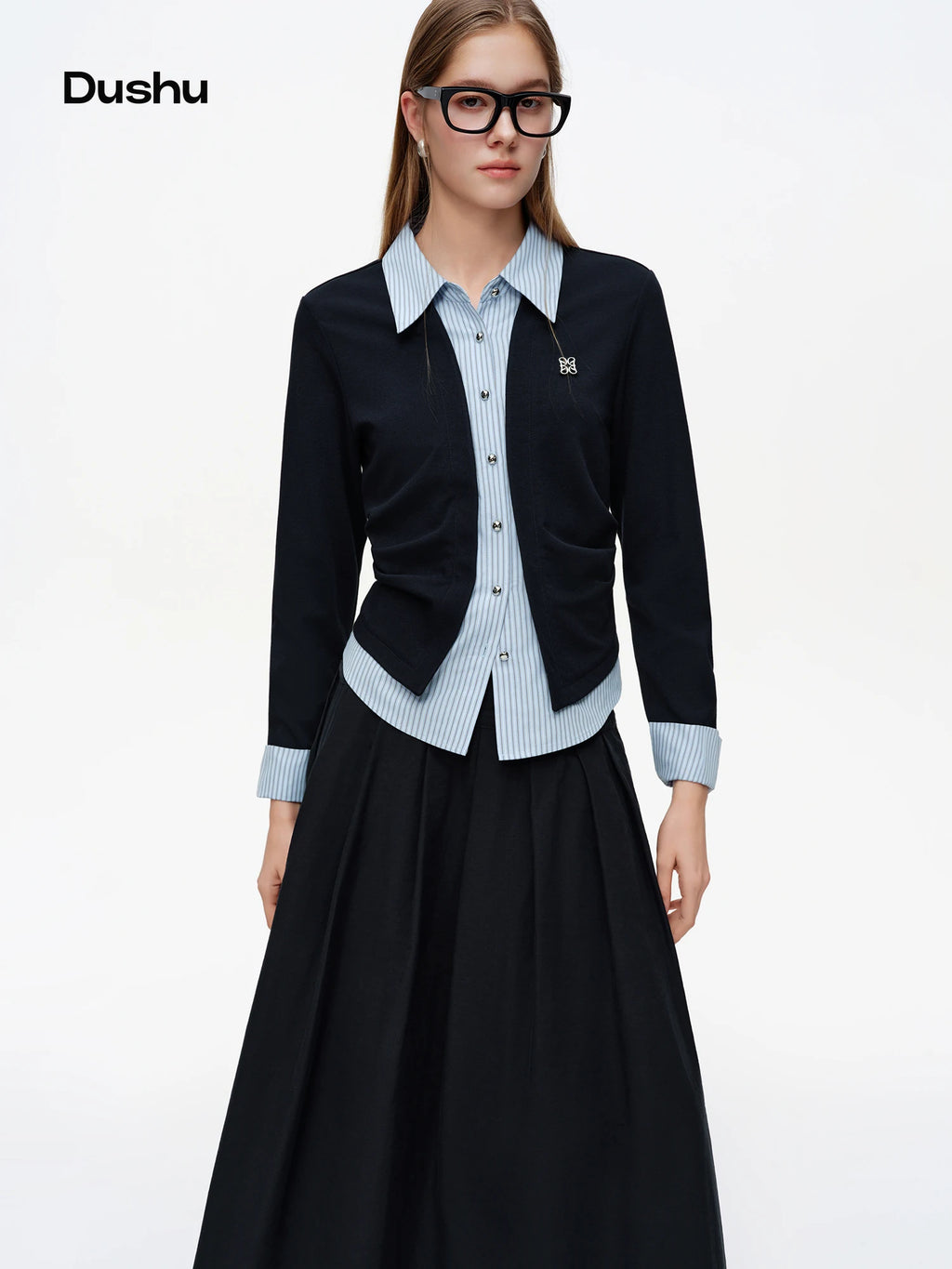 DUSHU 2026 Spring Women's Layered Knit Woven Shirt Regular Shoulder - Versatile Two-in-One Top for Refined Casual Daily Wear