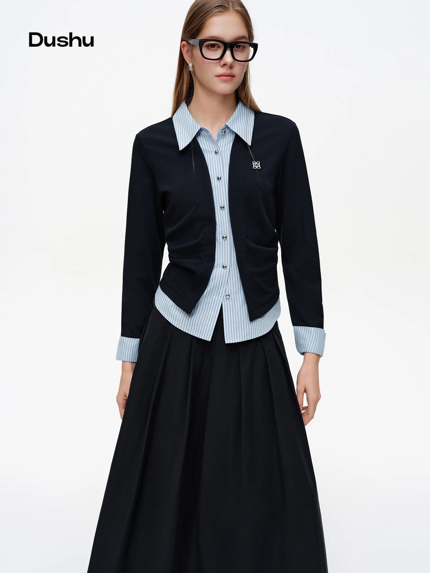 DUSHU 2026 Spring Women's Layered Knit Woven Shirt Regular Shoulder - Versatile Two-in-One Top for Refined Casual Daily Wear