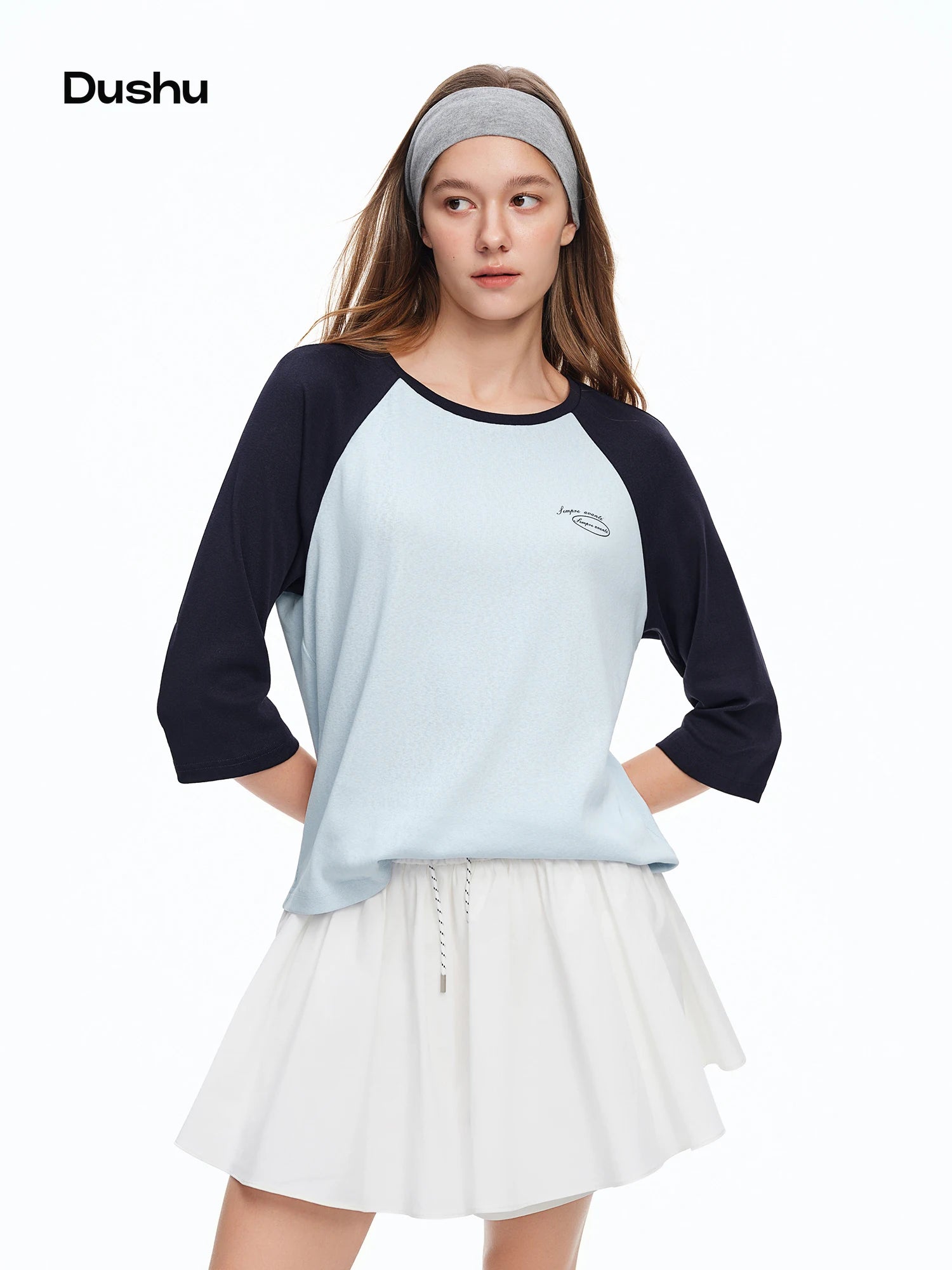 DUSHU 2026 Summer Women's Color Block Raglan Sleeve Three-Quarter T-Shirt - Casual Round Neck Top for Daily Wear and Summer