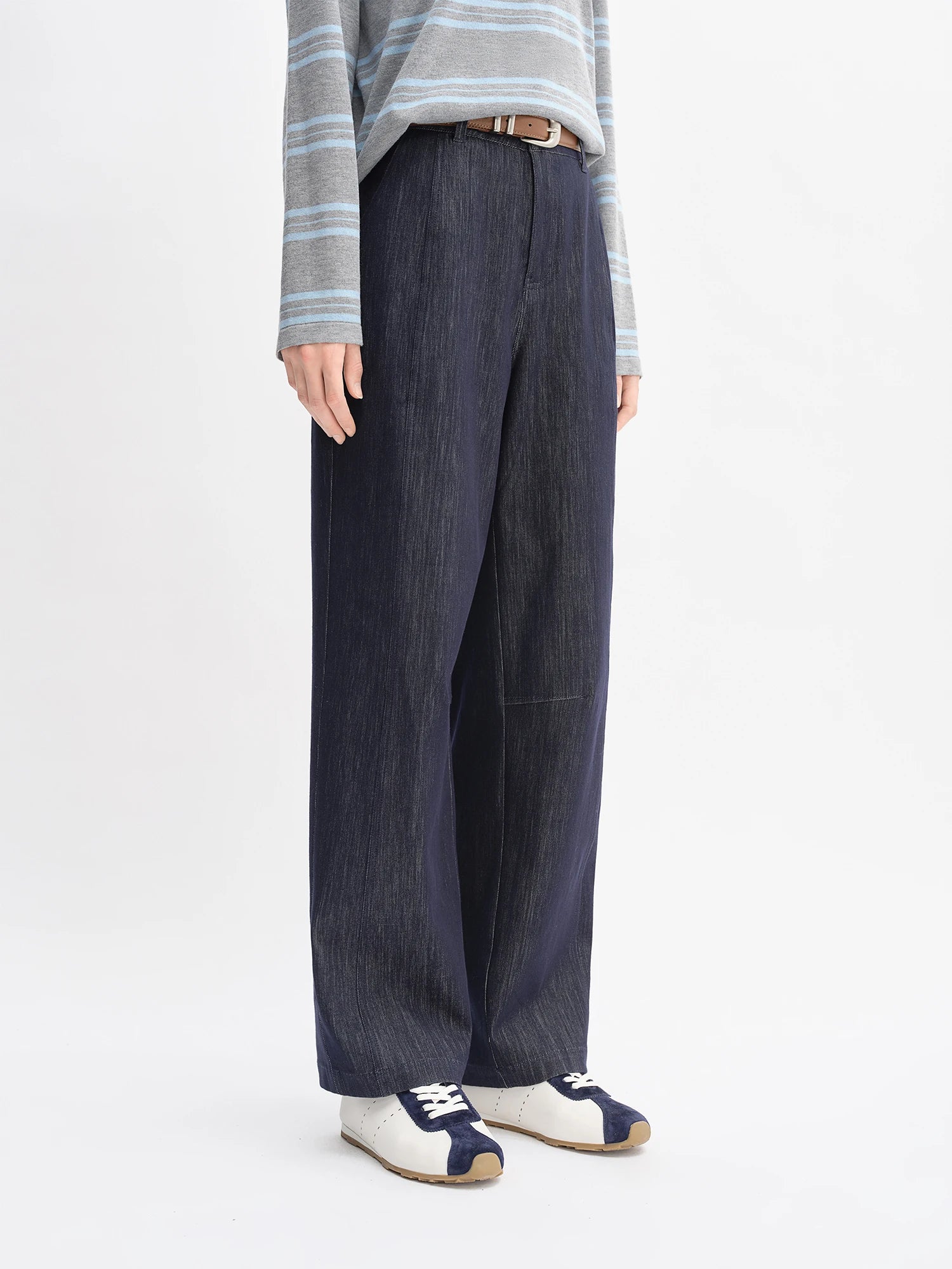 DUSHU Autumn 2025 Women's Vintage Wide Leg Jeans - Curve Flattering High Waist Stretch Denim Pants Arc Hem Casual Comfort Fit