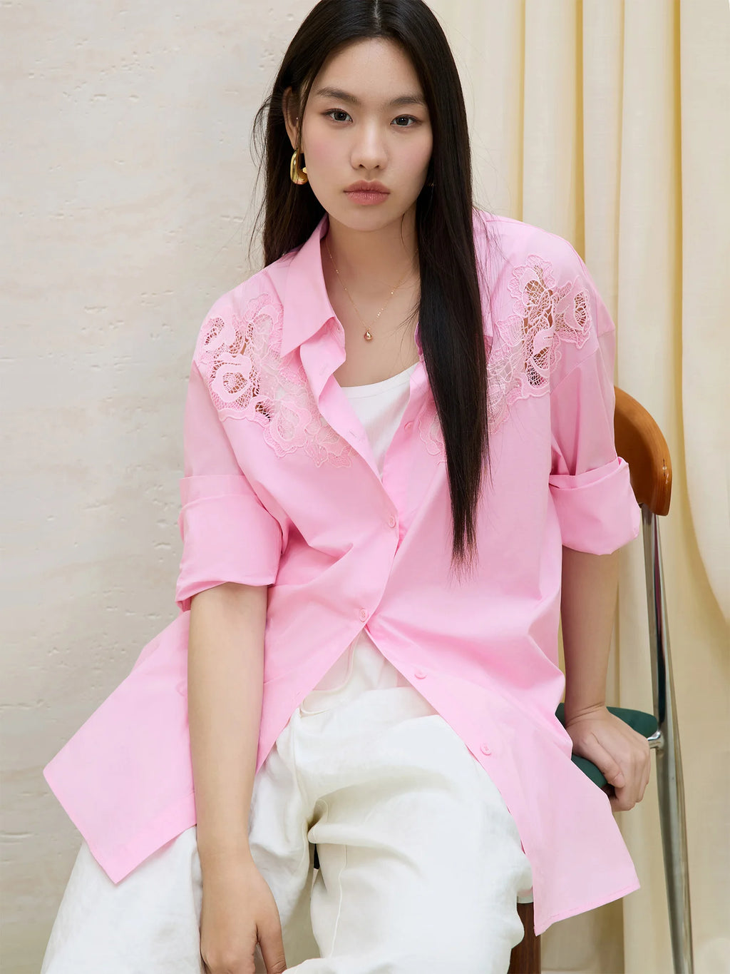 DUSHU Unique Design Embroidery Hollow Cotton Long-sleeved Shirt 2025 Summer New Pink Loose Versatile Fashion Top 25DS82052