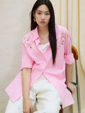 DUSHU Unique Design Embroidery Hollow Cotton Long-sleeved Shirt 2025 Summer New Pink Loose Versatile Fashion Top 25DS82052