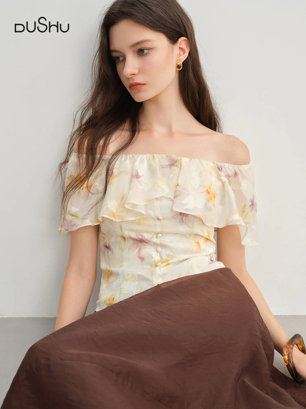 DUSHU Women's French Lazy Style One-shoulder Lotus Leaf Collar Shirt 2025 Summer New Arrival Slightly Fresh Top 25DS82379