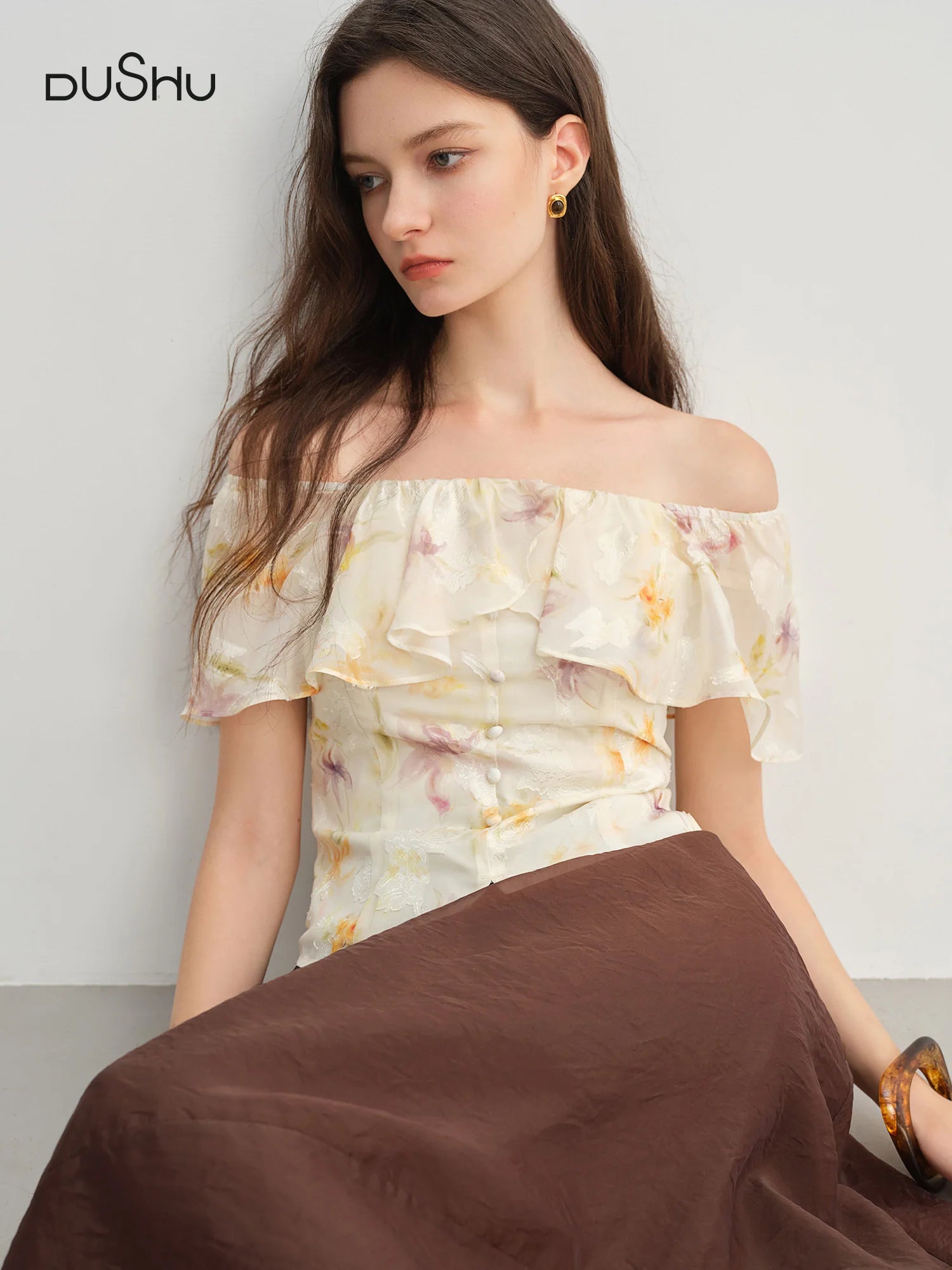 DUSHU Women's French Lazy Style One-shoulder Lotus Leaf Collar Shirt 2025 Summer New Arrival Slightly Fresh Top 25DS82379
