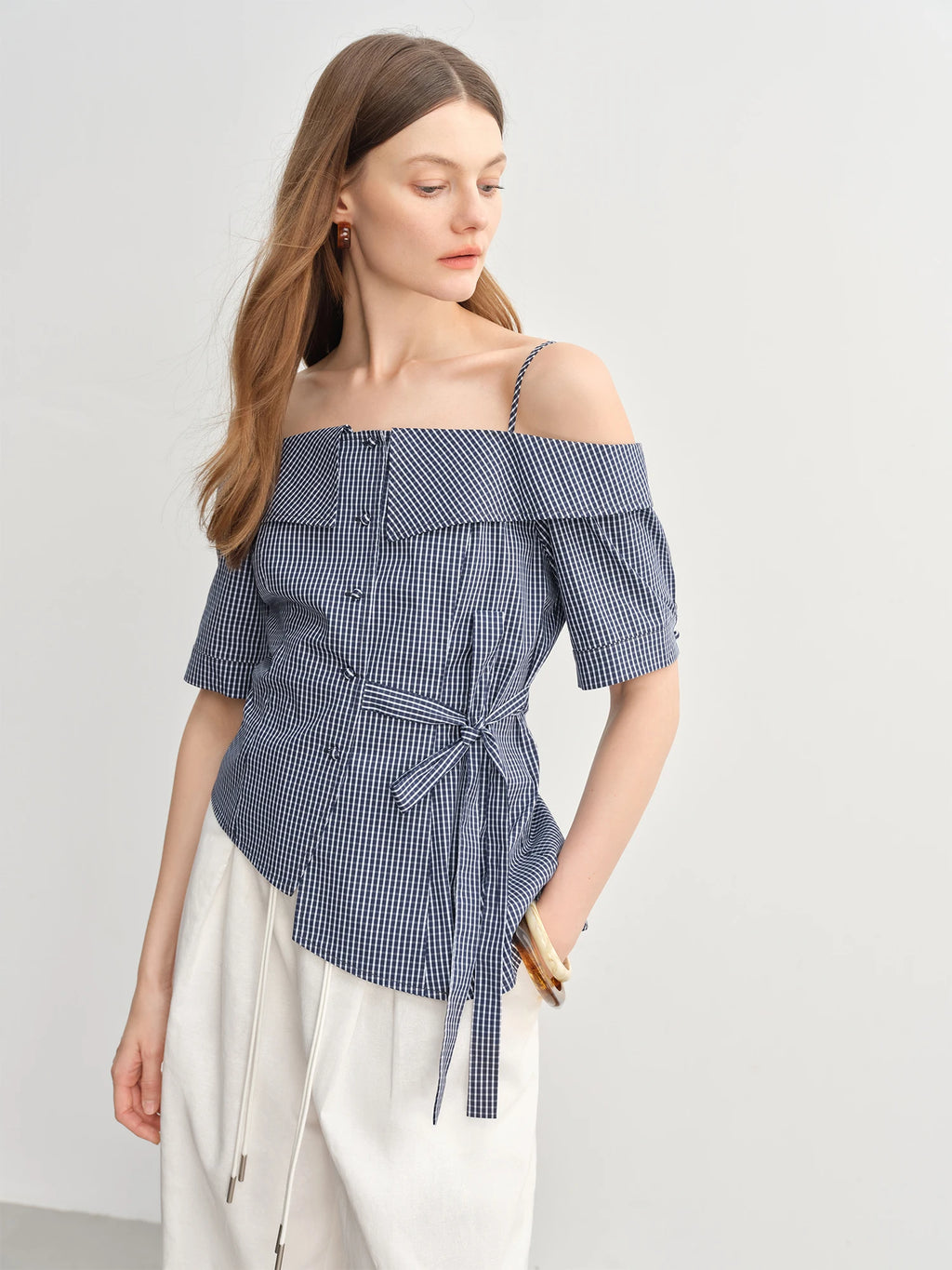 DUSHU 2025 Summer Women's Gingham Strappy Top - Adjustable Ties Short Sleeve Shirt with Flattering Silhouette & Design Details