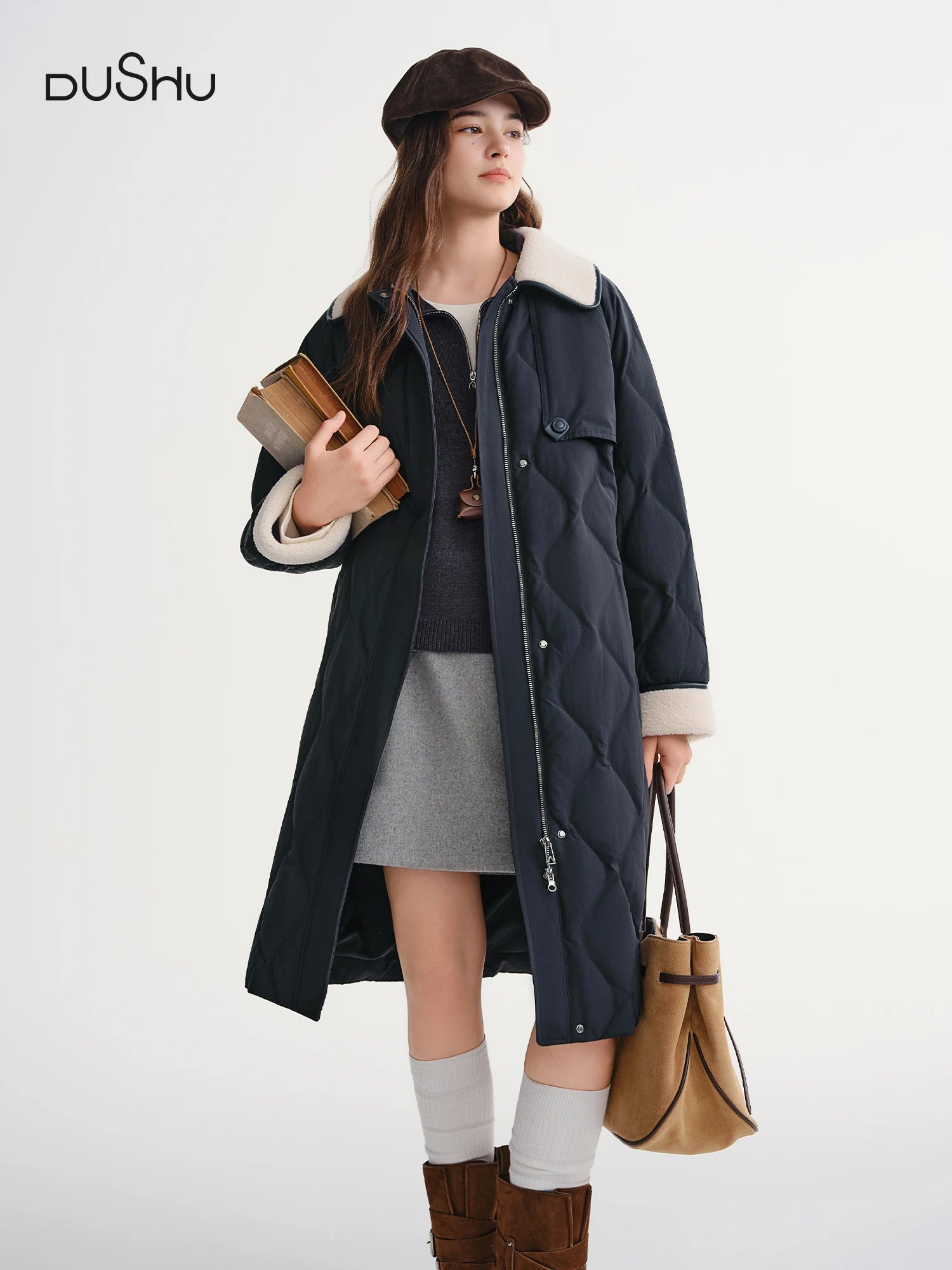 DUSHU New Women's Vintage Color Block Down Jacket 2025 Winter Warm White Duck Down Coat Casual Outdoor Parka For Daily Commute