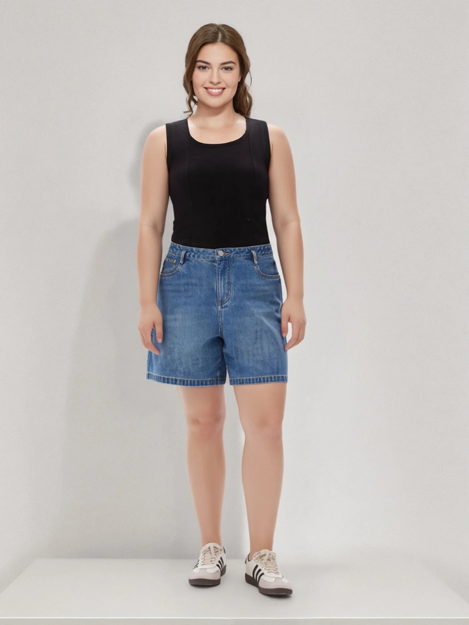 DUSHU 2025 Summer Plus Size Women High Waist Slimming Denim Shorts Mid-Length Stretch Shaping Casual Bermuda Jeans