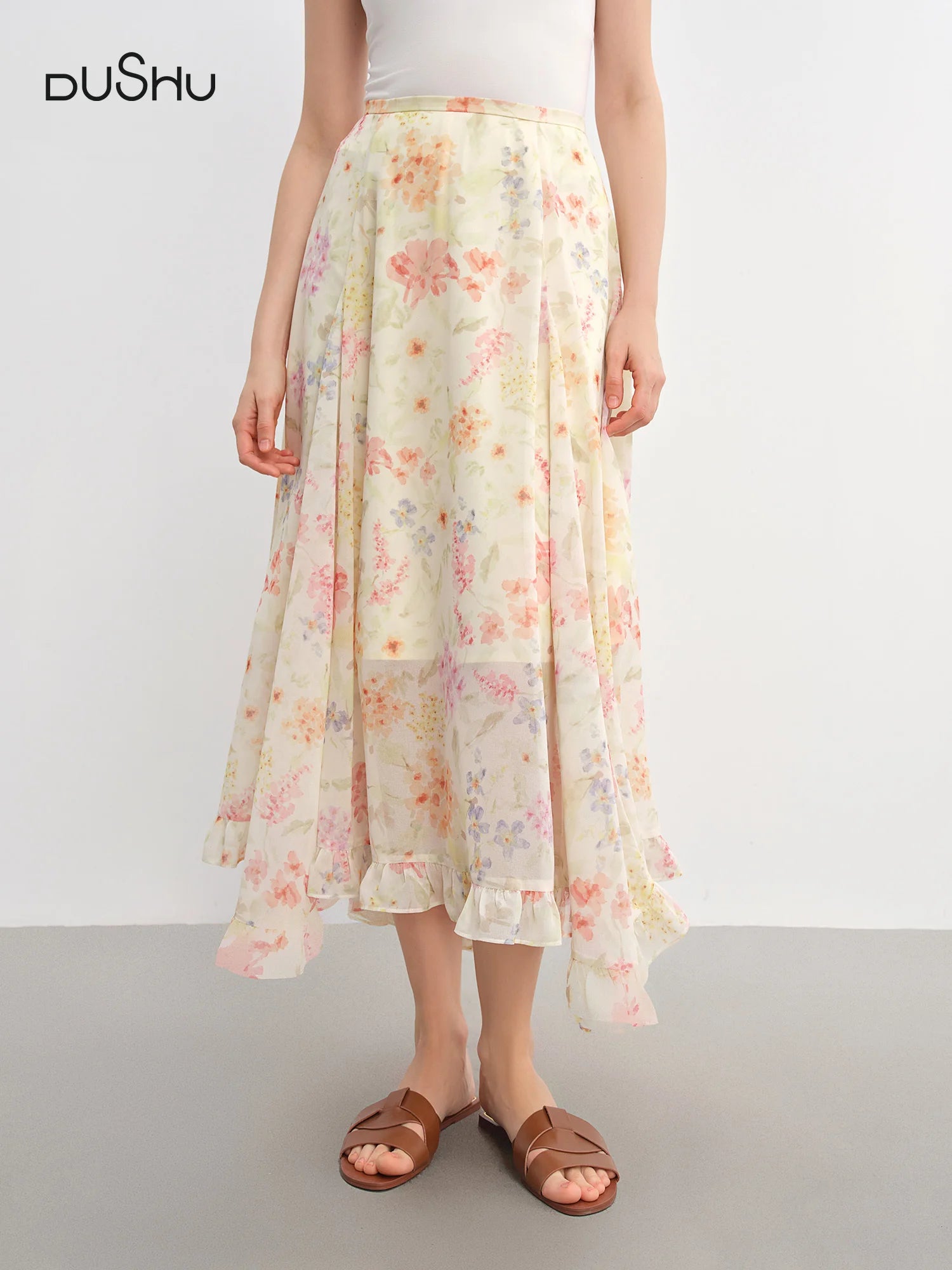 DUSHU Plus-Size Women's Ruffled Lace Floral A-Line Skirt 2025 Summer New Stylish Office Casual Skirts 25DS82885