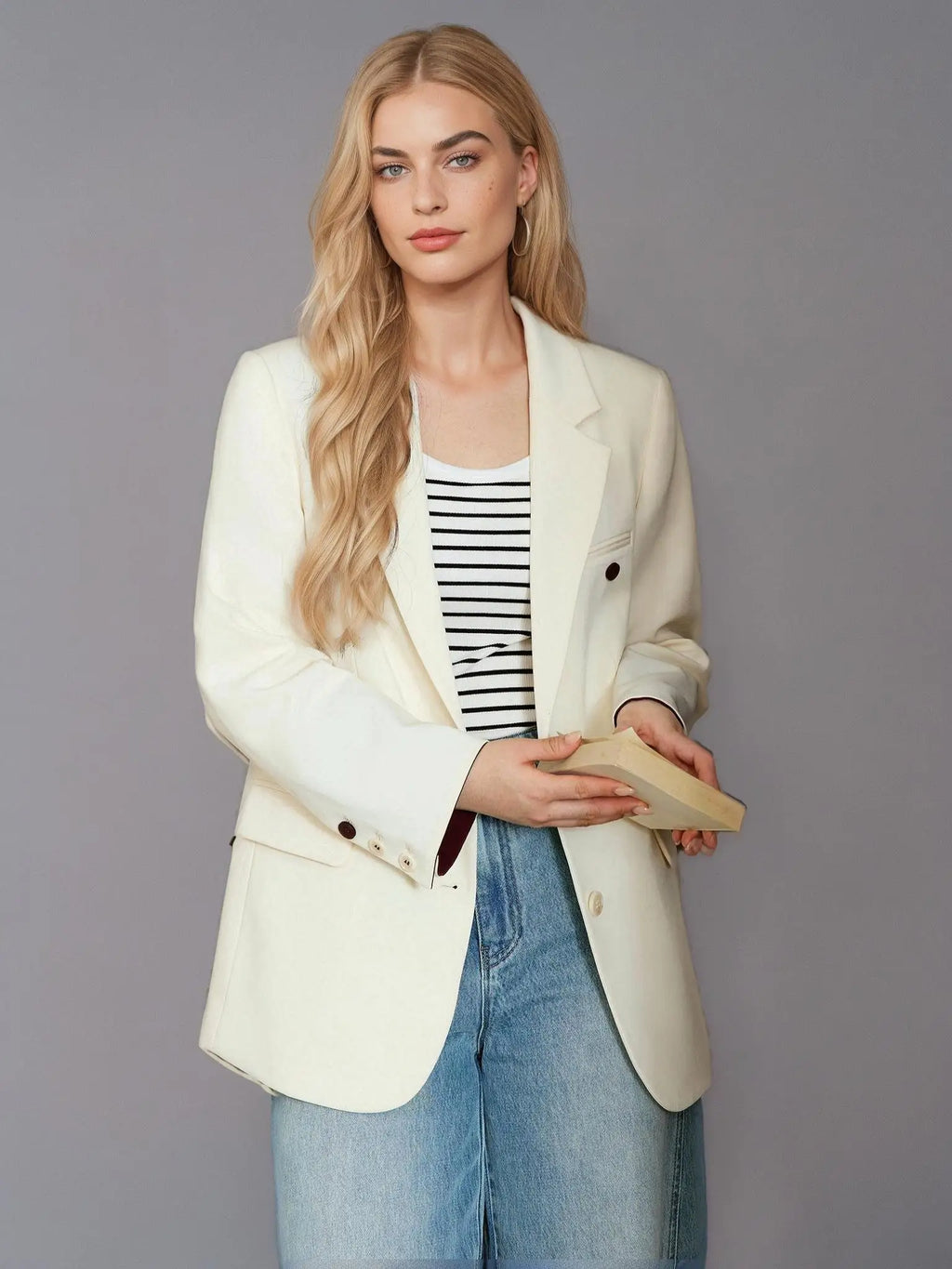 DUSHU Plus Gray Blazer Jacket For Women 2025 Spring New Design Elegant Style Commuter Coat Chic Outwear Office Lady 25DS81036