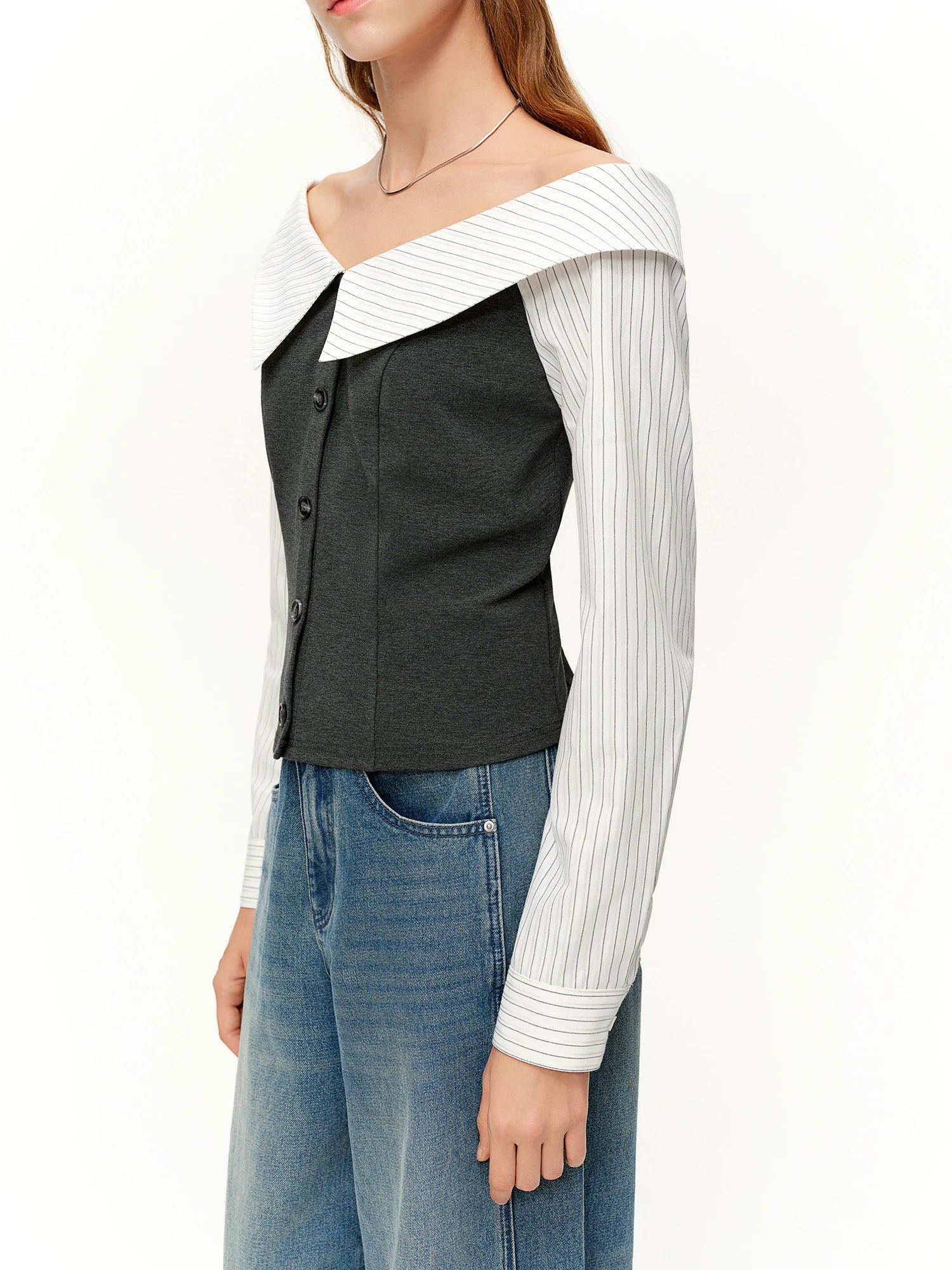 DUSHU 2026 Spring Women's Off-Shoulder Contrast Panel T-Shirt Waist-Defining Seam Ruffle Trim - Fashion Cropped Top for Casual