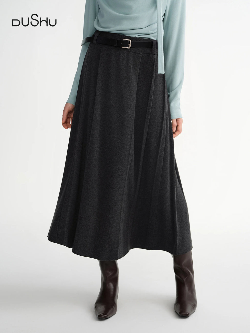 DUSHU Plus Size Women's Knit Pleated Skirt High Waist Elegant A-Line Midi Length Stretchy Comfort Fall 2025 Casual Slim Fit