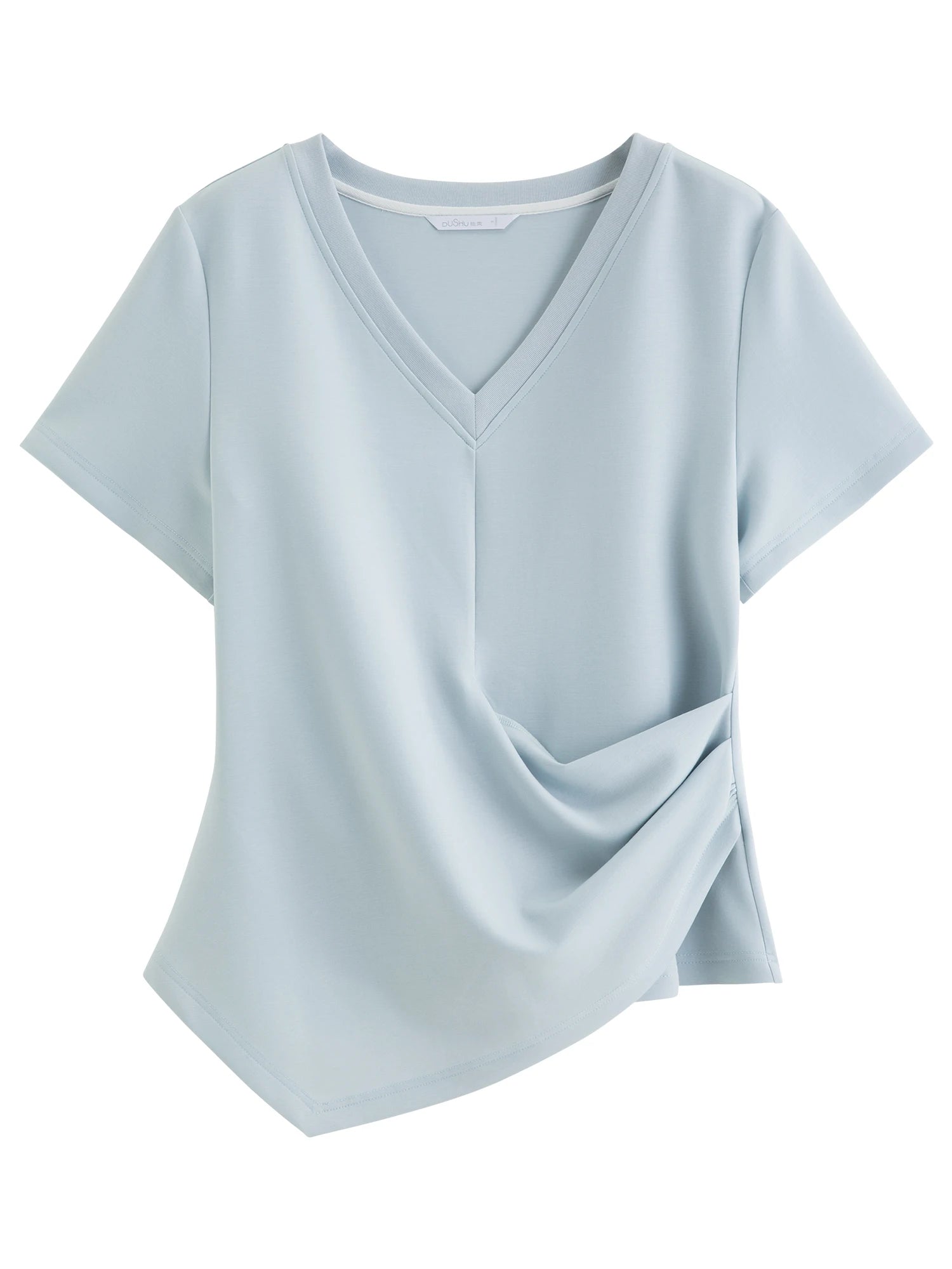 DUSHU Women's Pleated Waist-Defining Asymmetrical T-Shirt: 2026 Spring New Versatile Fitted Short Sleeve Top Essentials V-neck