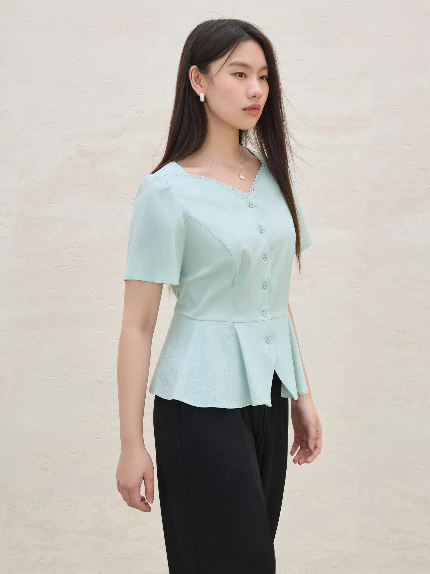 DUSHU 2025 Summer Women's Scalloped Collar A-Line Blouse - Flattering Waist & Versatile Office to Casual Styling 25DS82234