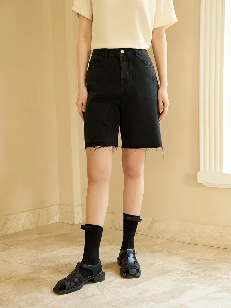 DUSHU Women Denim Shorts Hole Design Summer High Waist Women Denim Black Shorts Female Cotton Blue Shorts 24DS82695