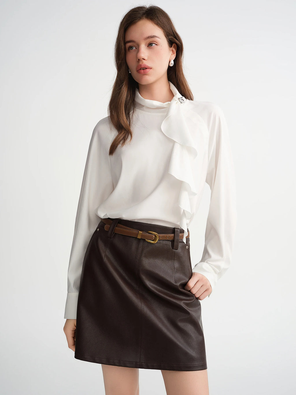 DUSHU Asymmetrical Skew Collar Shirts Women White Elegant Ladies Casual Temperament Slim Blouses Korean Style Winter Draped Tops
