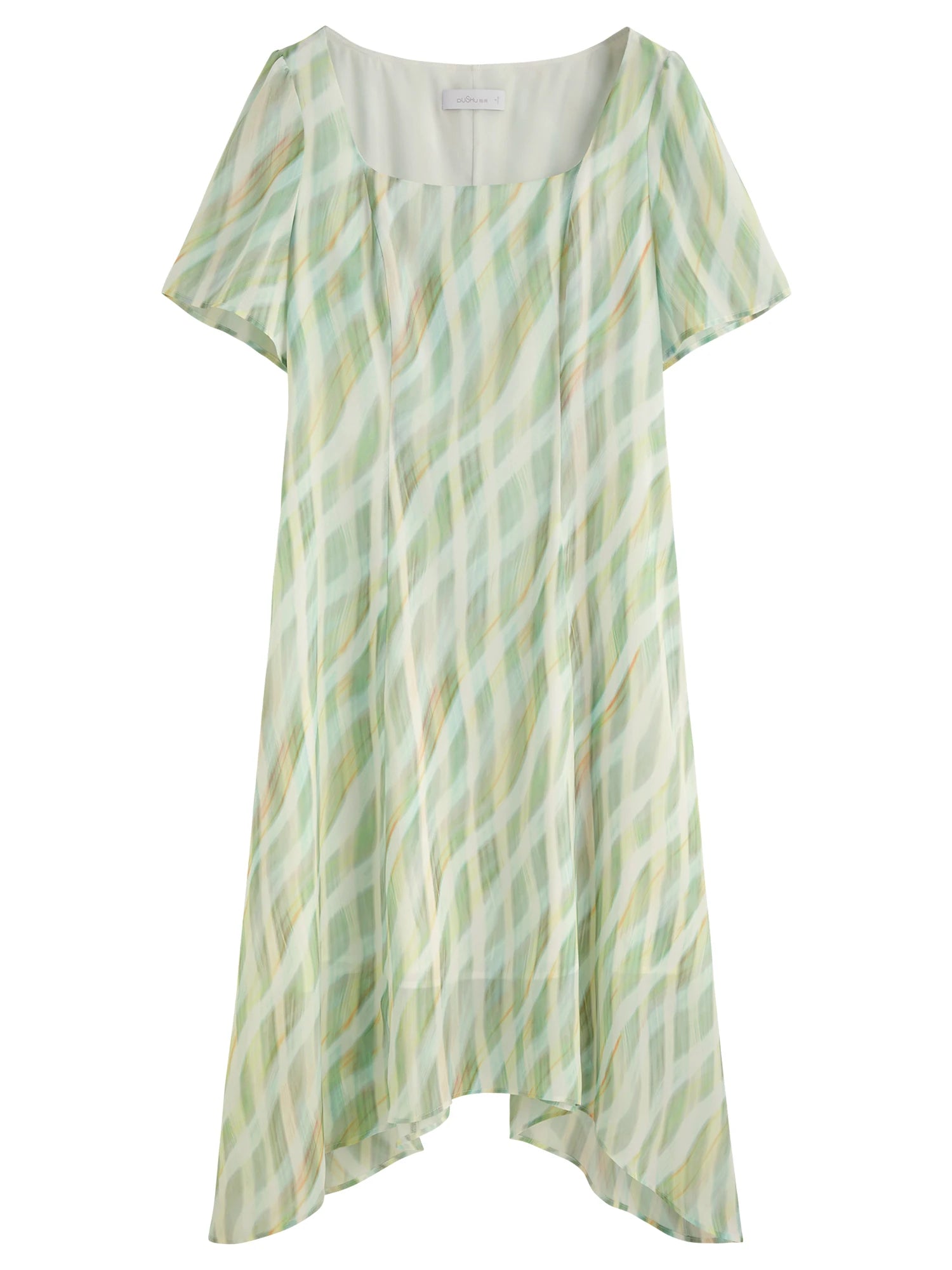 DUSHU Plus Size Women's Apple/Pear Shape French Retro Plaid Waist Dress Short Sleeve Waist Slimming Dress 25DS82373