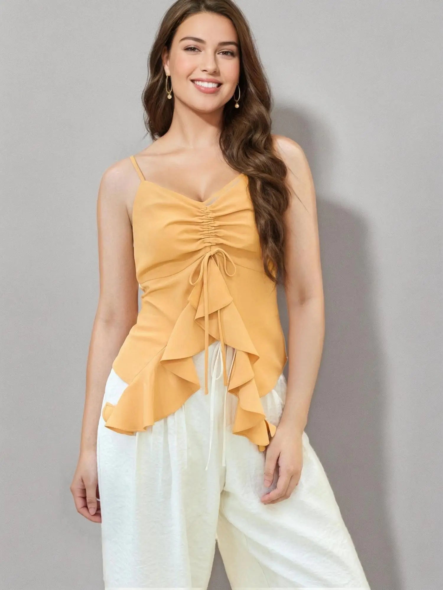 DUSHU Solid Color Irregular Ruffle Drawstring Strappy Top 2025 Summer New Style Fashionable All-match Vest for Women 25DS82067