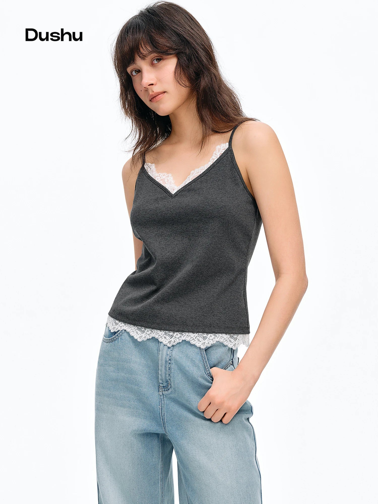 DUSHU 2026 Summer Women's Lace Trim V-Neck Sleeveless Top - Flattering Slim Fit Elegant Camisole for Daily and Summer Layering