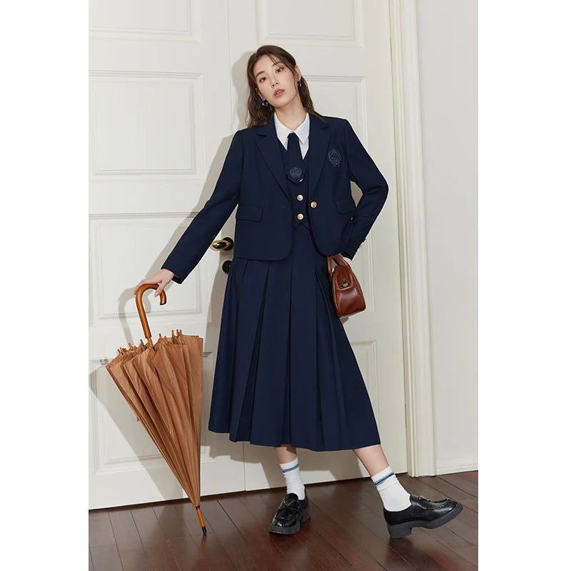 DUSHU College Style Short Blazer Coat Fashion Two Piece Suit for Women Literary Retro Spring New High Waist Half Pleated Skirt