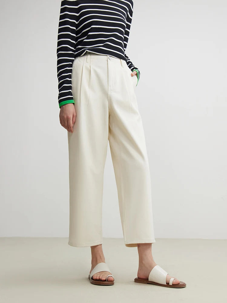 DUSHU 【2 Colors】Three-proof Fabric Women Tapered Jeans Denim White Retro Pleated Design Female Cropped Jean 24DS81133