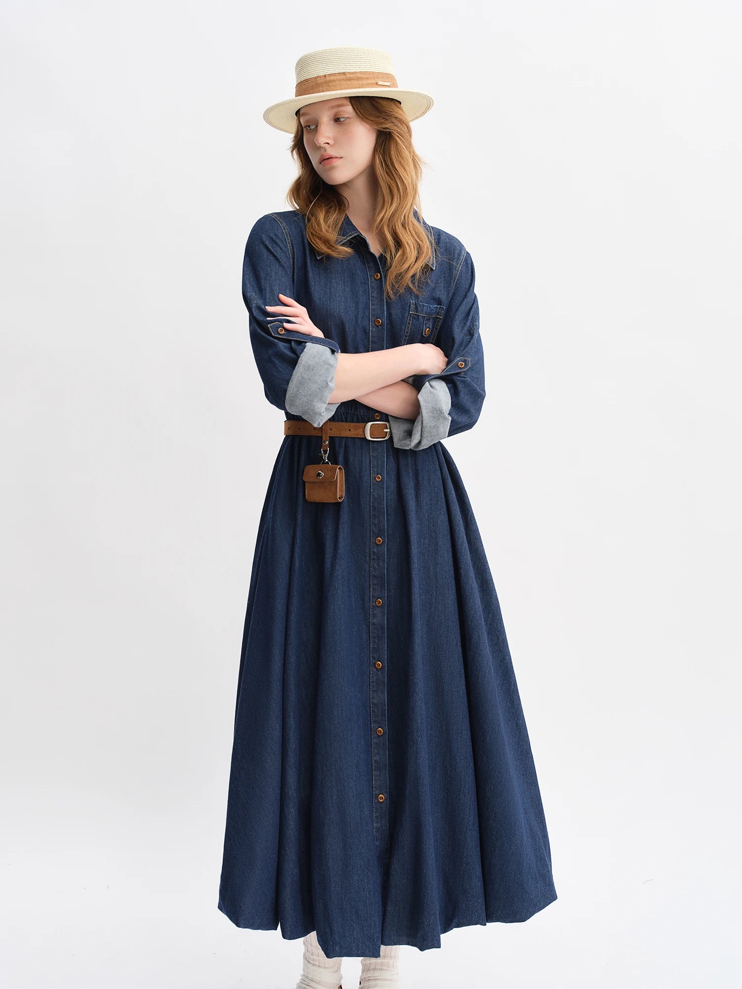DUSHU Autumn 2025 Women's Denim Dress - Elegant Bouffant Hem Flowy Maxi Dress Casual Daily Wear Empire Waist Floral Print