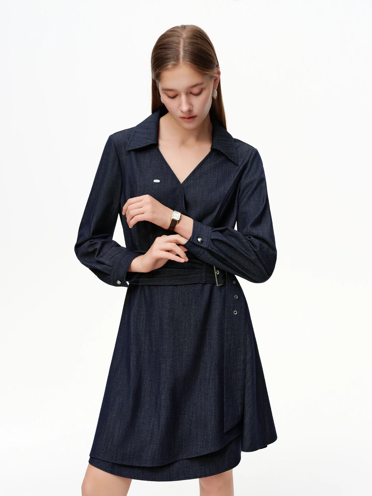 DUSHU Fashion Commute Wrap Dress with Waist Tie Slim Fit Long Sleeve Bodycon Midi Dress, Office Chic Designer Women Dress