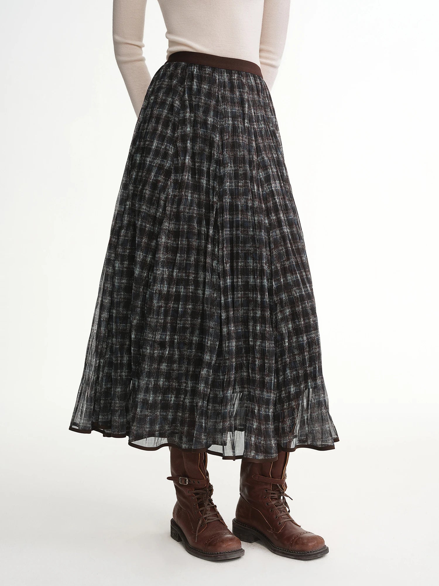 DUSHU Blue Brown Plaid Tulle Pleated Plaid Midi Skirt Women A-line Irregular Midi Skirt for Winter Vintage Fairy Personality Ins
