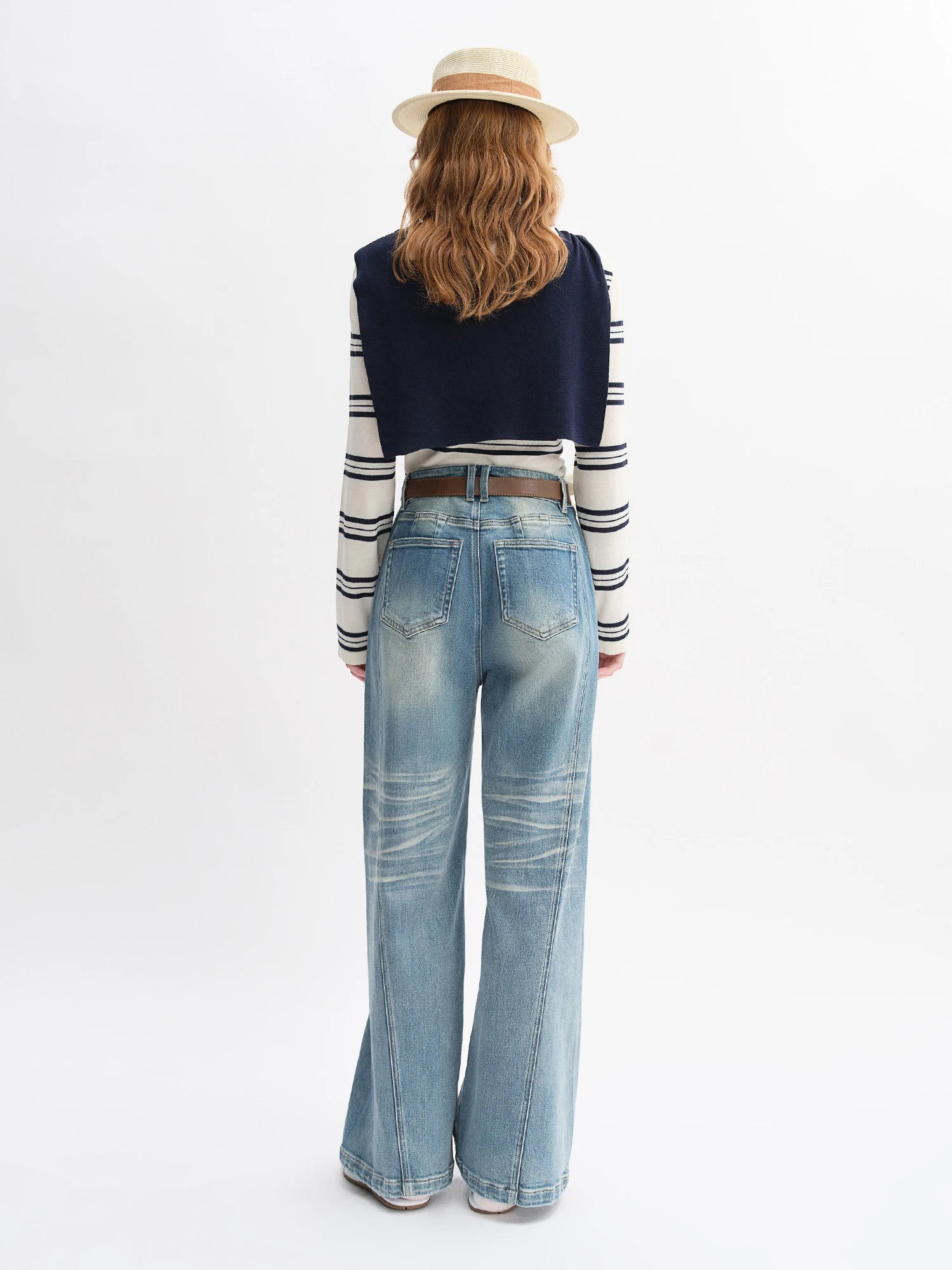 DUSHU Plus Size Design Sense Retro Washed Blue Straight Jeans High Waist Drape Slim Wide Leg Pants 2025 New Arrival 25DS83034