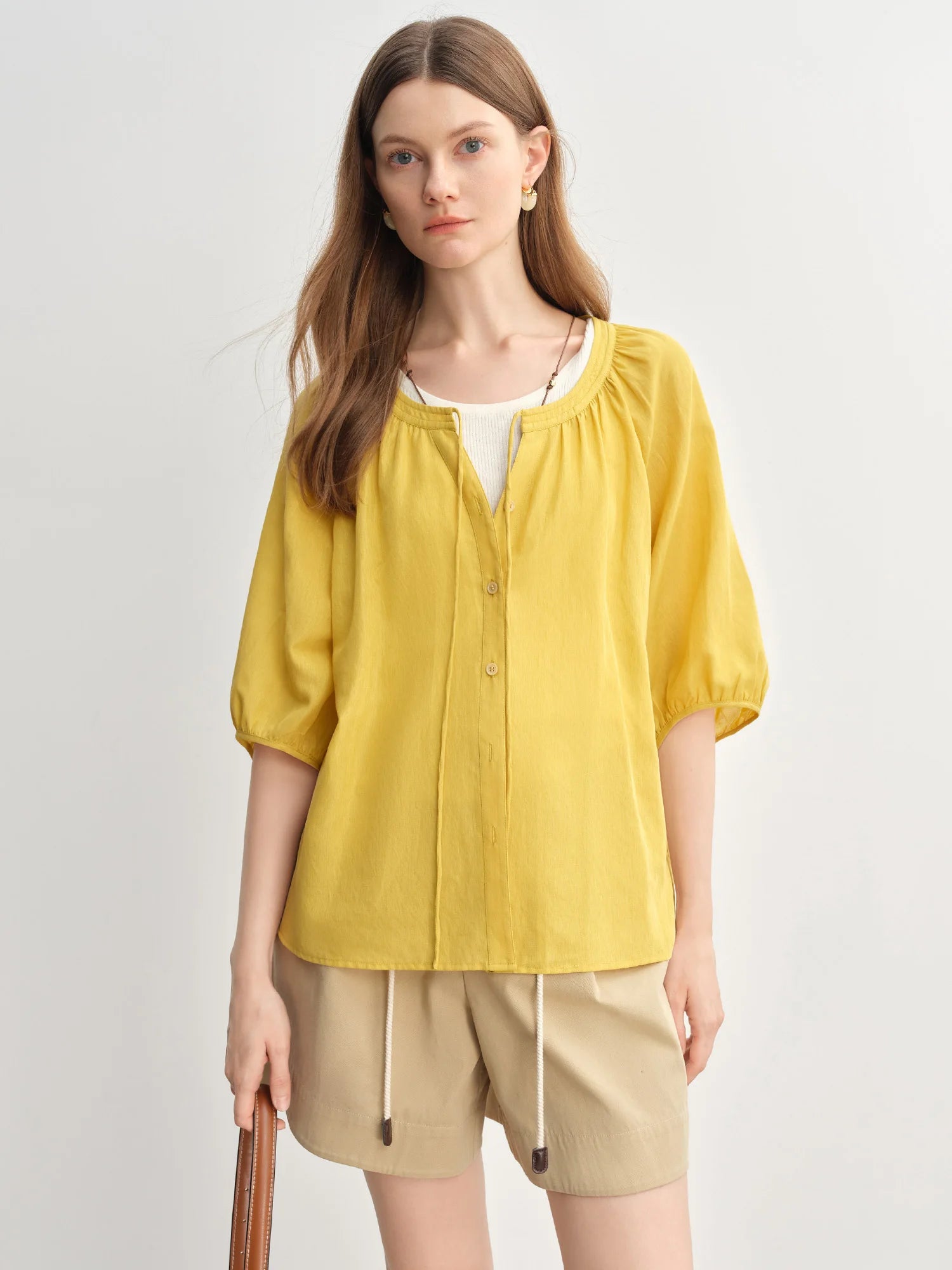 DUSHU Sweet Tie-neck Half-sleeve Thin Blouse Summer New Product Fat Cover Meat Thin Two-wear Top 25DS82917