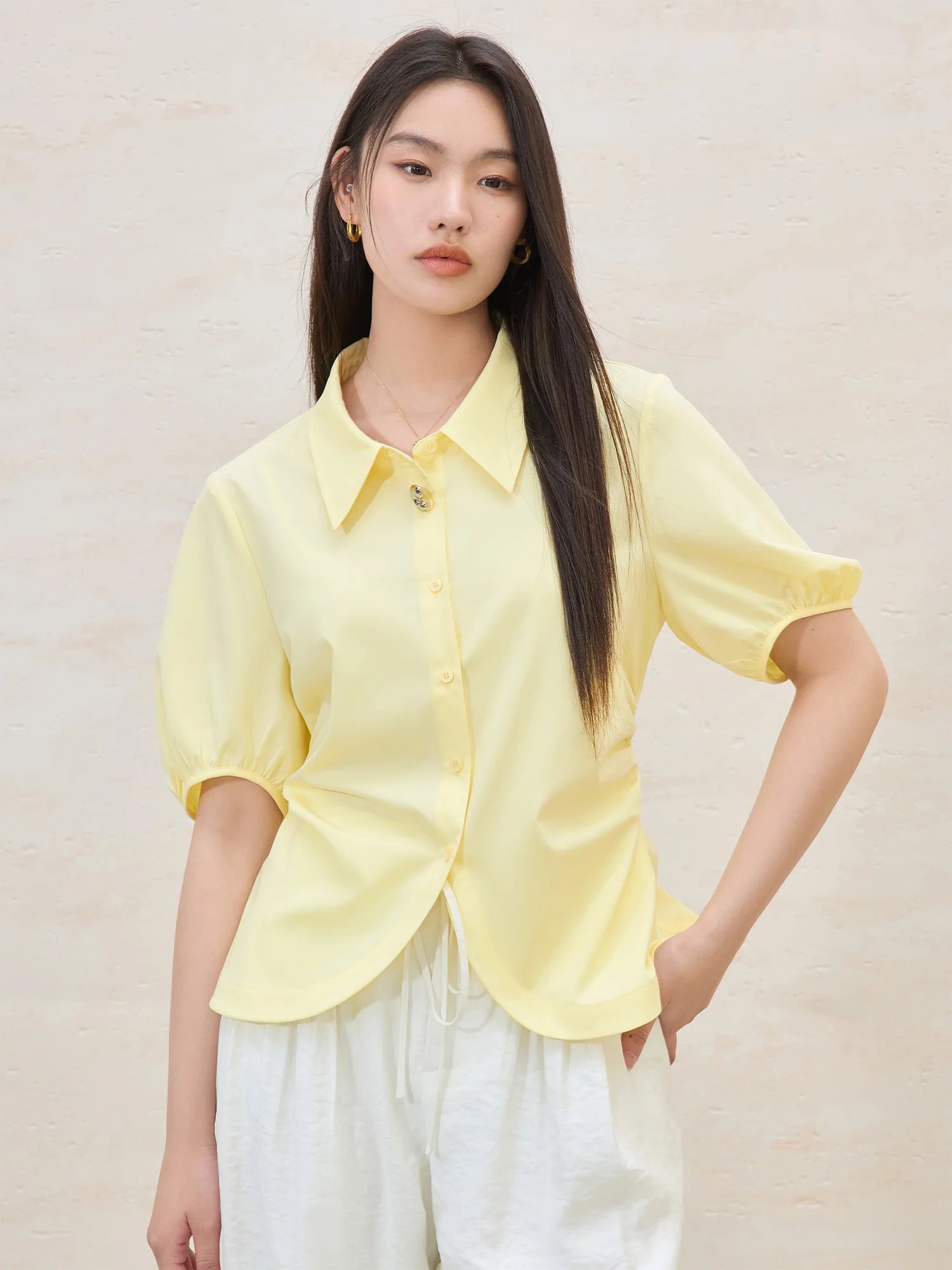 DUSHU Gentle Elegant Temperament Short-sleeved Shirt 2025 Summer New Style Straight Shoulder Slim All-match Casual Top 25DS82164