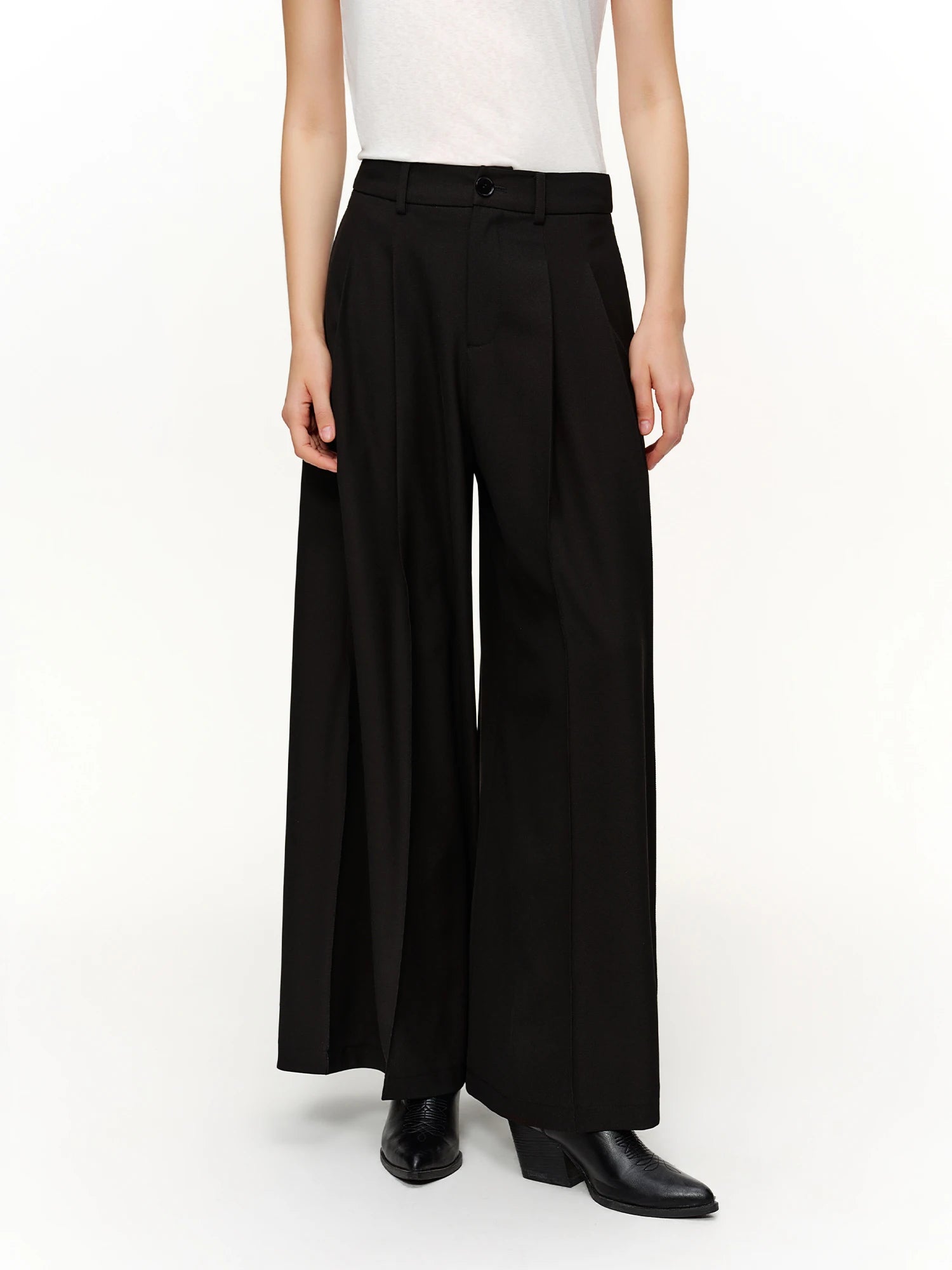 DUSHU 2026 Spring Women's High Waist Pleated Wide Leg Pants Paper Bag Waist Relaxed Fit Straight Trousers for Casual Daily Wear