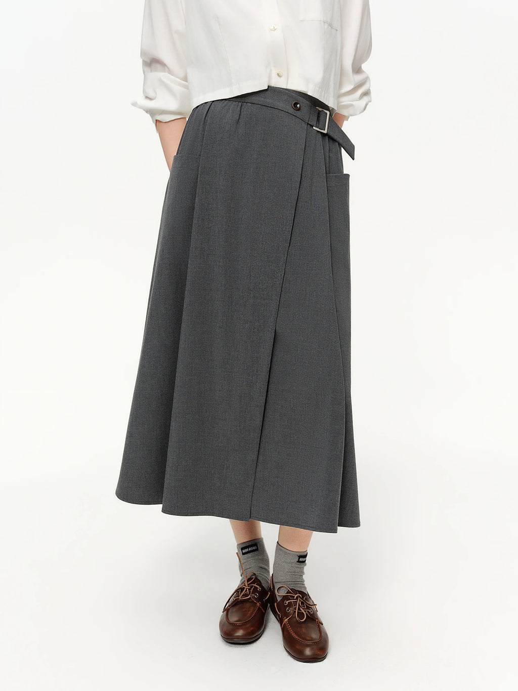 DUSHU High-waisted Slimming Midi Skirt New Spring 2026 Style Grey Mid-calf Solid Simple Pleated Commuting All-match Korean