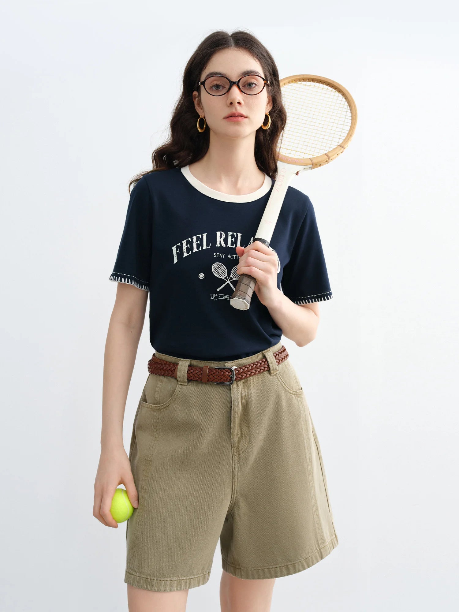 DUSHU 2025 Summer Women's Vintage Contrast-Stitch Round Neck Tee - Relaxed Fit & Breathable Cotton Blend for Casual Chic Style