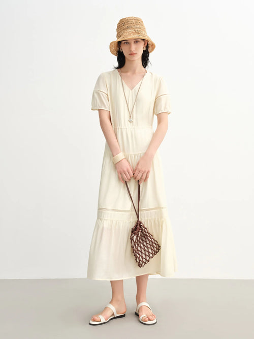 DUSHU 2025 Summer Women's Curve-Flattering Tiered Hem Dress - French-Inspired Design & Breathable Linen for Hourglass Silhouette