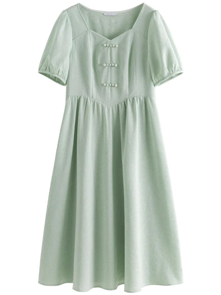 DUSHU Jacquard New Chinese Style Dress For Summer New Elegant Button Up Chinese Style High Waisted Women Dress 24DS82668