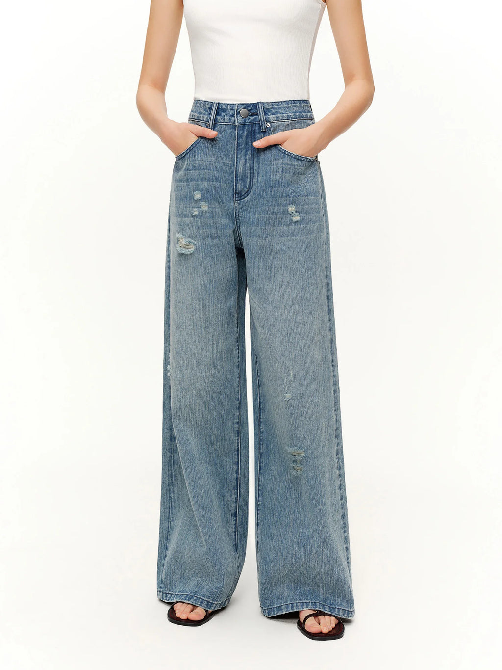 DUSHU Ripped Denim Wide-Leg Loose Jeans 2026 Spring New Arrival Casual Slimming Design Floor Lenghth Long Cotton Contain Pants