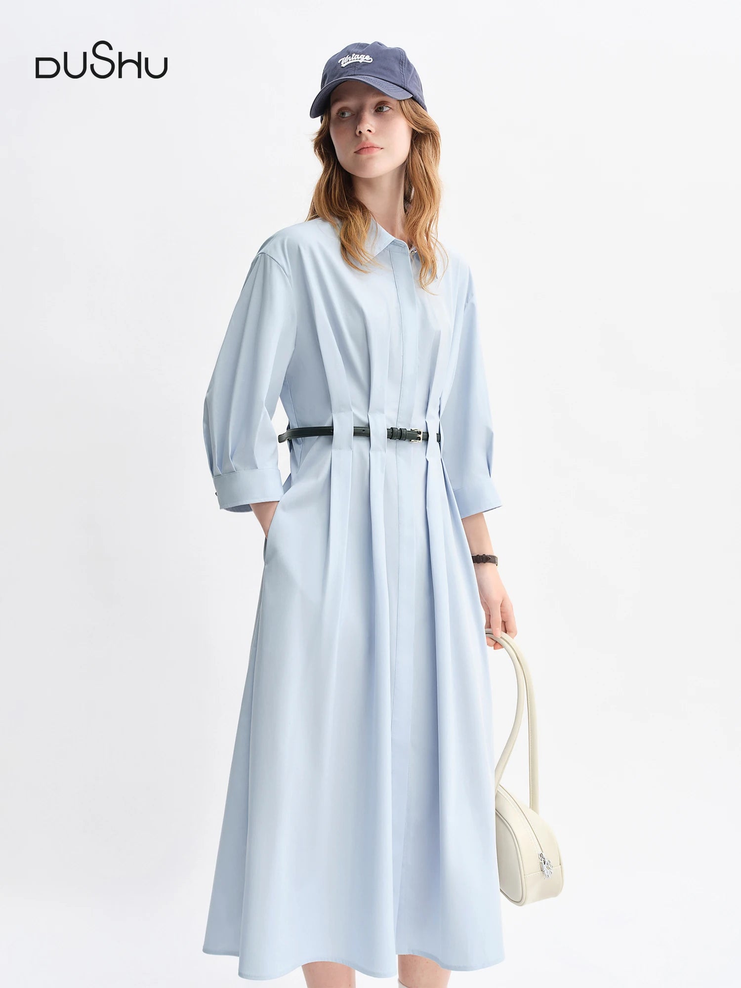 DUSHU Women's Shirt Dress Autumn 2025 New Vertical Striped Pleated Design Pear-shaped Mid-length Dress with Belt 25DS83125