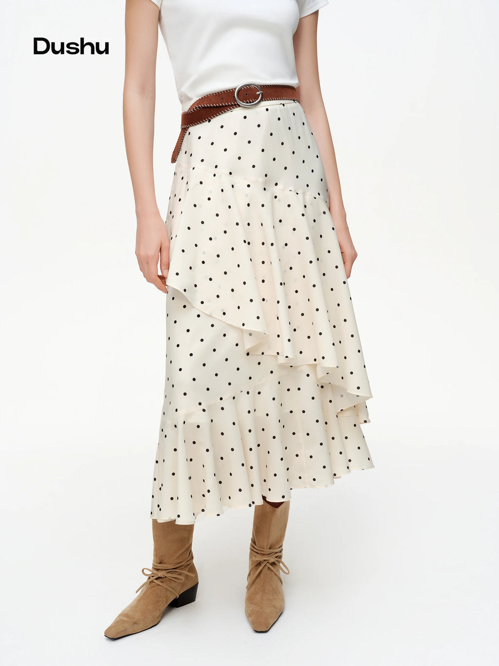 DUSHU 【Polka Dot Waltz】Women's Irregular Ruffled Hem Midi Skirt 2026 Spring New Arrival Skirt Collection Circular Dot Mini Skirt