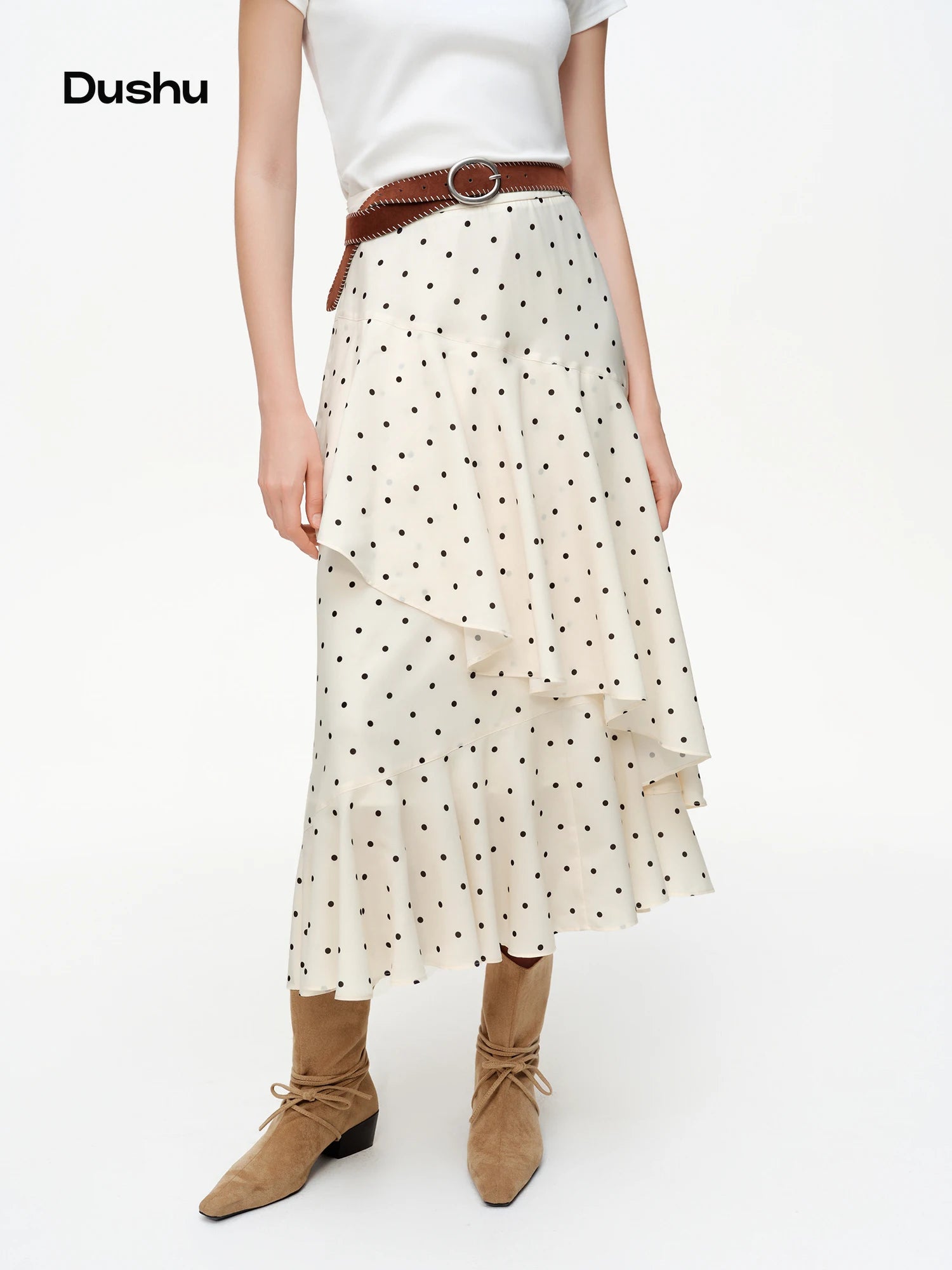 DUSHU 【Polka Dot Waltz】Women's Irregular Ruffled Hem Midi Skirt 2026 Spring New Arrival Skirt Collection Circular Dot Mini Skirt