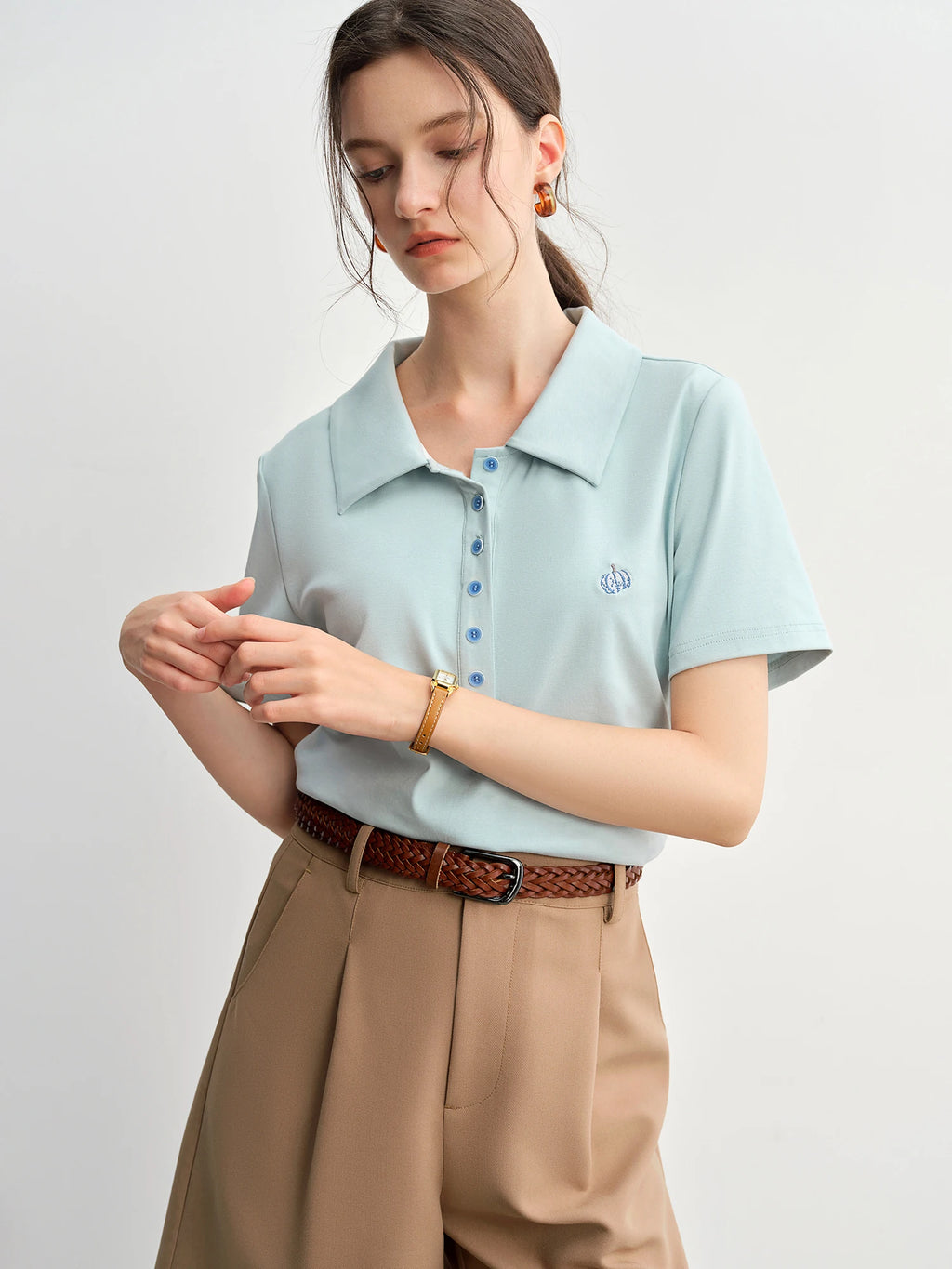 DUSHU Plus Size Women's Casual Simple Polo Collar T-shirt 2025 Summer New Style Slimming Fit for Plus-sized Girls 25DS82815